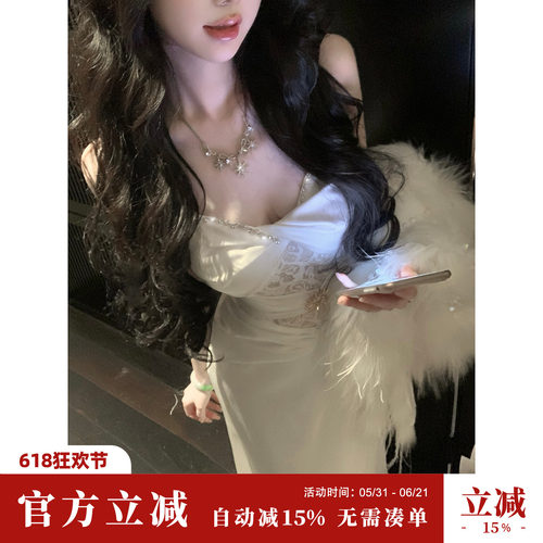 Sun雅乔【朝雾鸢尾】秋冬吊带裙缎面礼服裙抹胸蕾丝拼接连衣长裙