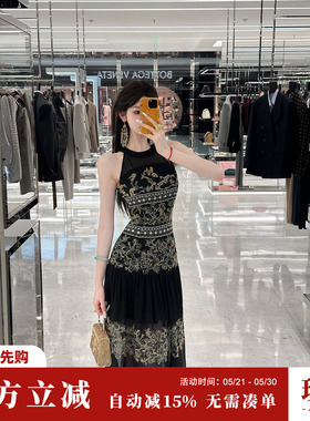 Sun雅乔【折腰】夏季轻奢重工定位钉珠刺绣无袖吊带雪纺连衣裙