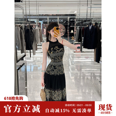 Sun雅乔【折腰】夏季轻奢重工定位钉珠刺绣无袖吊带雪纺连衣裙