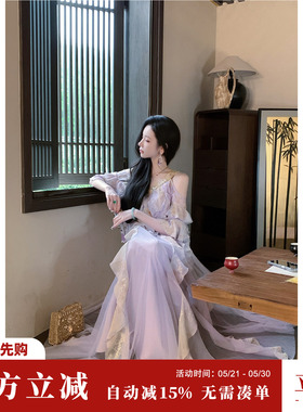 Sun雅乔【仲夏夜】夏季重磅气质金线刺绣晕染碎花荷叶边连衣裙