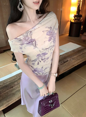 Sun雅乔【多情种】夏季一字肩紫色收腰水墨晕染荡领修身上衣女