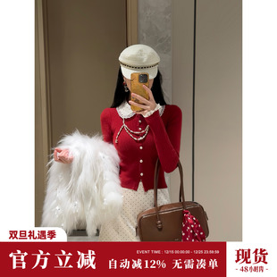 Sun雅乔 波点半身裙A字短裙 复古波点娃娃领红色针织上衣