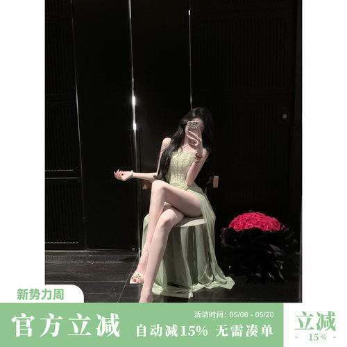 Sun雅乔【雅典娜】夏装巨好看蕾丝网纱鱼骨收腰开衩吊带连衣长裙