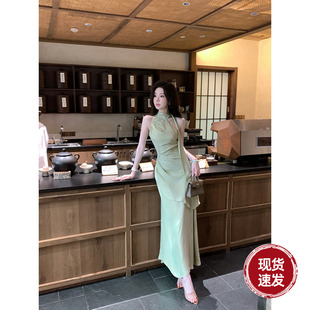 雅乔【昨日青空】夏季小众设计师不规则收腰收腰高领天丝连衣长裙