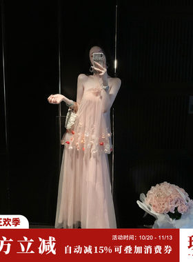 Sun雅乔【海滨花信】夏季度假风立体花挂脖连衣裙多层大摆纱裙