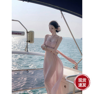 Sun雅乔 珍珠雪纺长裙飘带抹胸连衣裙 樱花之境