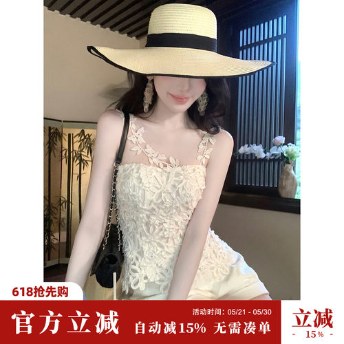 Sun雅乔【月见花影】夏季韩系甜美重工法式小众盘花绣网纱T上衣女