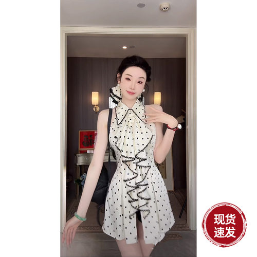 雅乔【心动波尔卡】韩系木耳边无袖中长款衬衫拼接蕾丝波点上衣