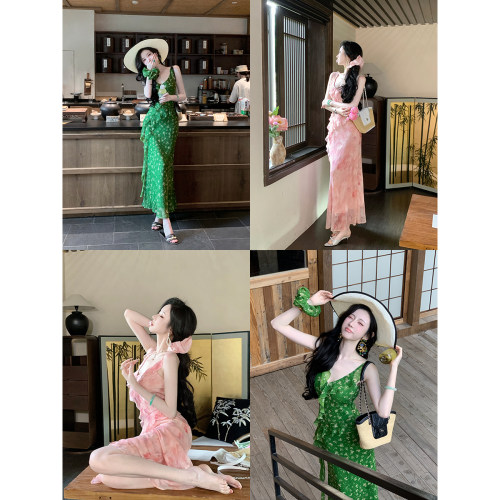 Sun雅乔【忽逢桃花林】夏季V领不对称荷叶边雪纺印花连衣裙长裙
