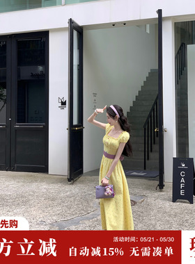 Sun雅乔【情系瓦妮达】黄色方领波点泡泡短袖连衣裙