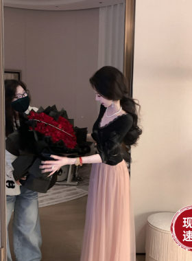 Sun雅乔【顾盼生辉】秋冬新款长裙针织网纱拼接撞色长袖连衣裙子