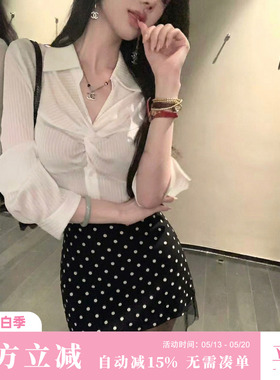 Sun雅乔【伦敦画报】夏季新款百搭黑色网纱拼接波点半身裙A字短裙