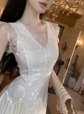 Sun雅乔【月影幻纱】韩系气质修身蕾丝拼接刺绣V领无袖连衣长裙