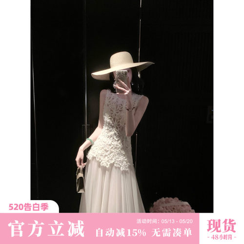 Sun雅乔【月见花影】夏季无袖重工盘花绣大摆网纱假两件连衣长裙