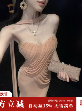 Sun雅乔【维纳斯】夏季抹胸裙手工抽褶弹力网纱挂脖飘带连衣裙