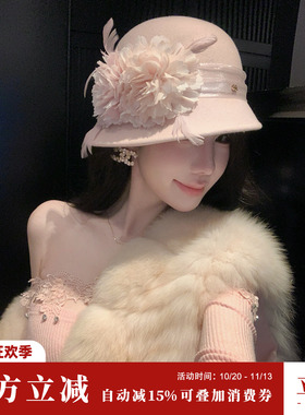 英伦时尚毛呢帽子女秋冬花朵圆顶礼帽