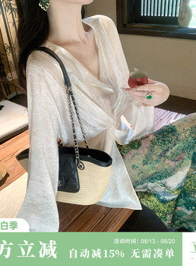 Sun雅乔【山长水阔】夏衬衫长袖交叉扭结高级肌理感醋酸薄上衣女