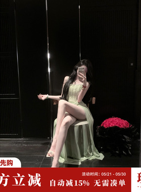 Sun雅乔【雅典娜】夏装巨好看蕾丝网纱鱼骨收腰开衩吊带连衣长裙