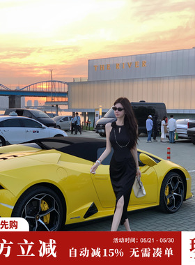 Sun雅乔【星耀于夜】夏季轻奢显瘦高级感黑色缎面烫钻挂脖连衣裙