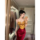 锦鲤添福 夏季 提花重工牡丹花吊带上衣 雅乔 A字半身裙两件套装