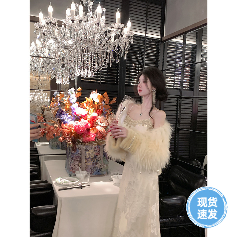 Sun雅乔【凤穿牡丹】 贵妇名媛气质吊带裙织金亮片流苏提花连衣裙