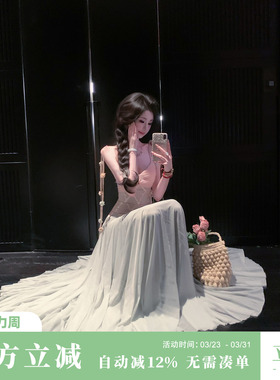 Sun雅乔【一帘幽梦】夏季气质修身粉绿拼色收腰大摆网纱连衣长裙