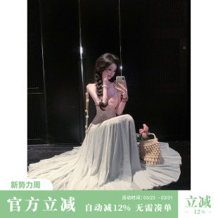 气质修身 夏季 粉绿拼色收腰大摆网纱连衣长裙 一帘幽梦 Sun雅乔