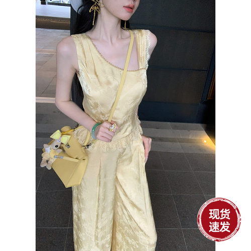 雅乔【奶油柏林】夏季小众通勤气质不对称肩带上衣阔腿裤两件套装