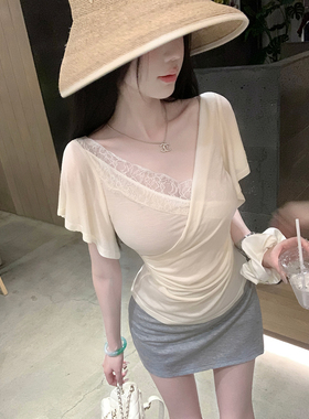 雅乔【软云边】夏季新款短袖T恤天丝醋酸桑蚕丝V领蕾丝花边上衣女