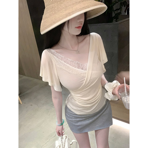 雅乔【软云边】夏季新款短袖T恤天丝醋酸桑蚕丝V领蕾丝花边上衣女