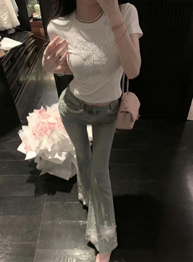 Sun雅乔 夏季新款百搭简约风立体亮片蝴蝶结白色圆领短袖T恤女