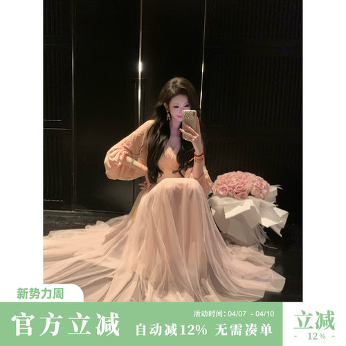 Sun雅乔【来时逢春】春夏长袖高腰宽松烧花植绒网纱大摆连衣长裙