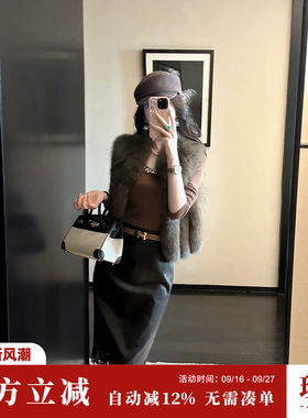 Sun雅乔【蕾丝皮裙】秋冬新款皮裙下摆蕾丝拼接中长包臀半身裙子
