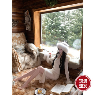 连衣裙 毛领连帽麻花针织长袖 Sun雅乔 稚白暖雾