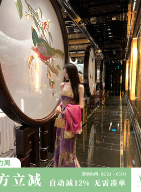 Sun雅乔【大红大紫】春装新款新中式国风印花重工抹胸吊带连衣裙