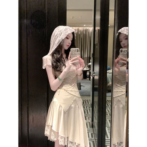 Sun雅乔【雾境神女】夏季小众设计师款中裙不对称蕾丝花边半身裙