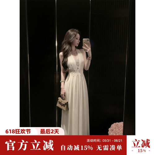 Sun雅乔【只如初见】夏季清冷感白月光V领蕾丝无袖挂脖打揽连衣裙