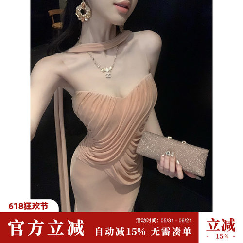 Sun雅乔【维纳斯】夏季抹胸裙手工抽褶弹力网纱挂脖飘带连衣裙