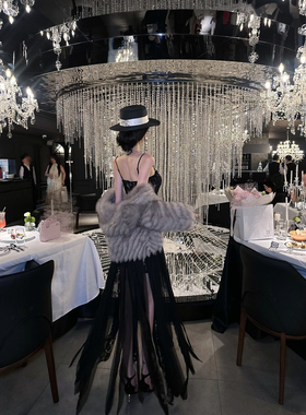 Sun雅乔【维港午夜】秋冬名媛辣妹轻奢亮片蕾丝黑色吊带连衣长裙