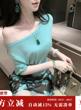 Sun雅乔【蝶翼湖光】夏轻熟一字领落肩蝙蝠中袖莱赛尔天丝上衣女