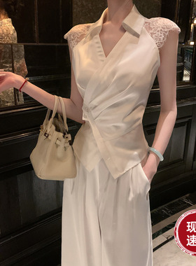 Sun雅乔 夏季通勤收腰显瘦白色气质无袖V领缎面衬衫阔腿裤两套装
