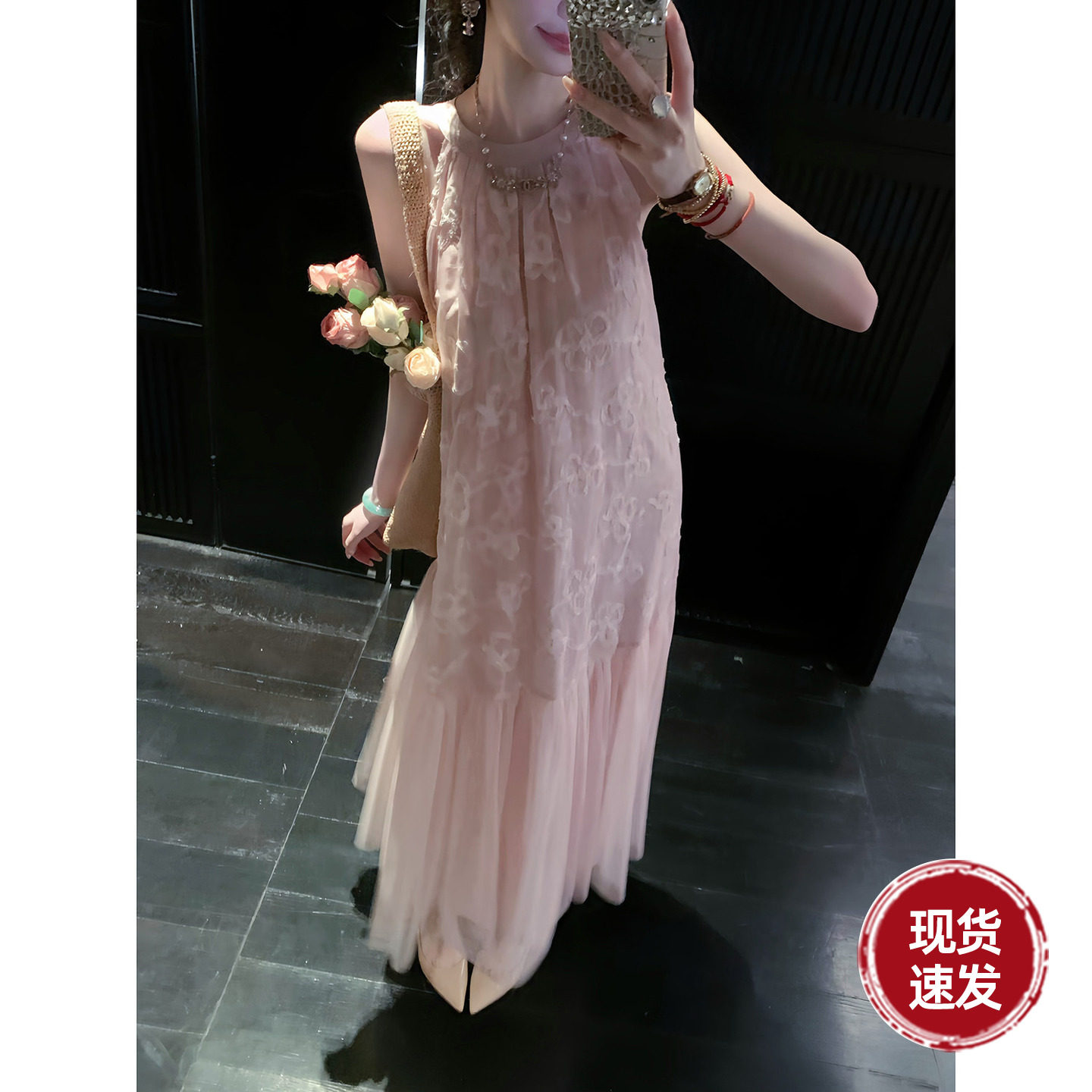 Sun雅乔【漫步桃夭】立体盘绣粉色挂脖网纱连衣裙