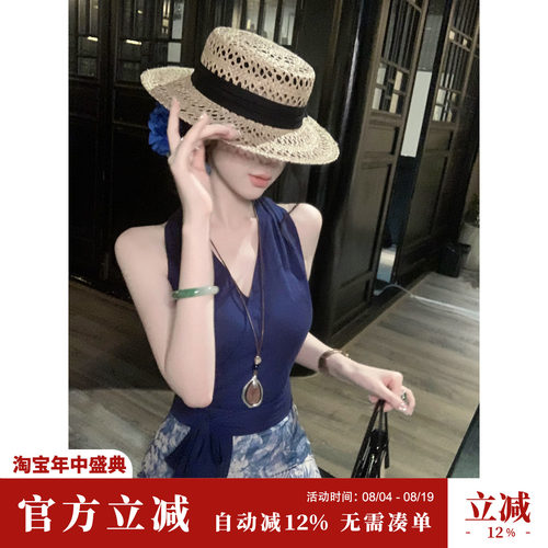 Sun雅乔【青花瓷】夏季新款V领上衣人棉亚麻女上衣半身裙两件套装