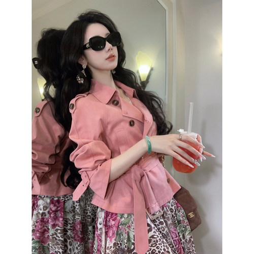 Sun雅乔【沙丘玫瑰】秋冬新款皮衣树莓粉麂皮绒短款风衣外套女