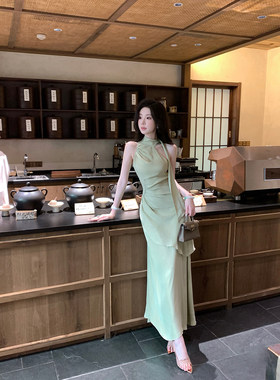 雅乔【昨日青空】夏季小众设计师莱赛尔收腰收腰高领连衣长裙
