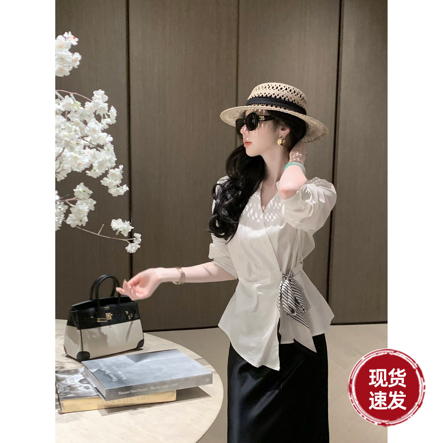 Sun雅乔【都市序章】早秋长袖设计感小众衬衣纯棉绑带白色衬衫女图片
