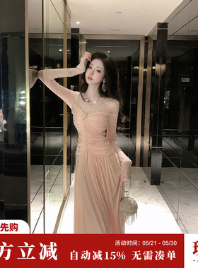 Sun雅乔【清梦无痕】烫钻银丝网纱拼接长袖连衣裙