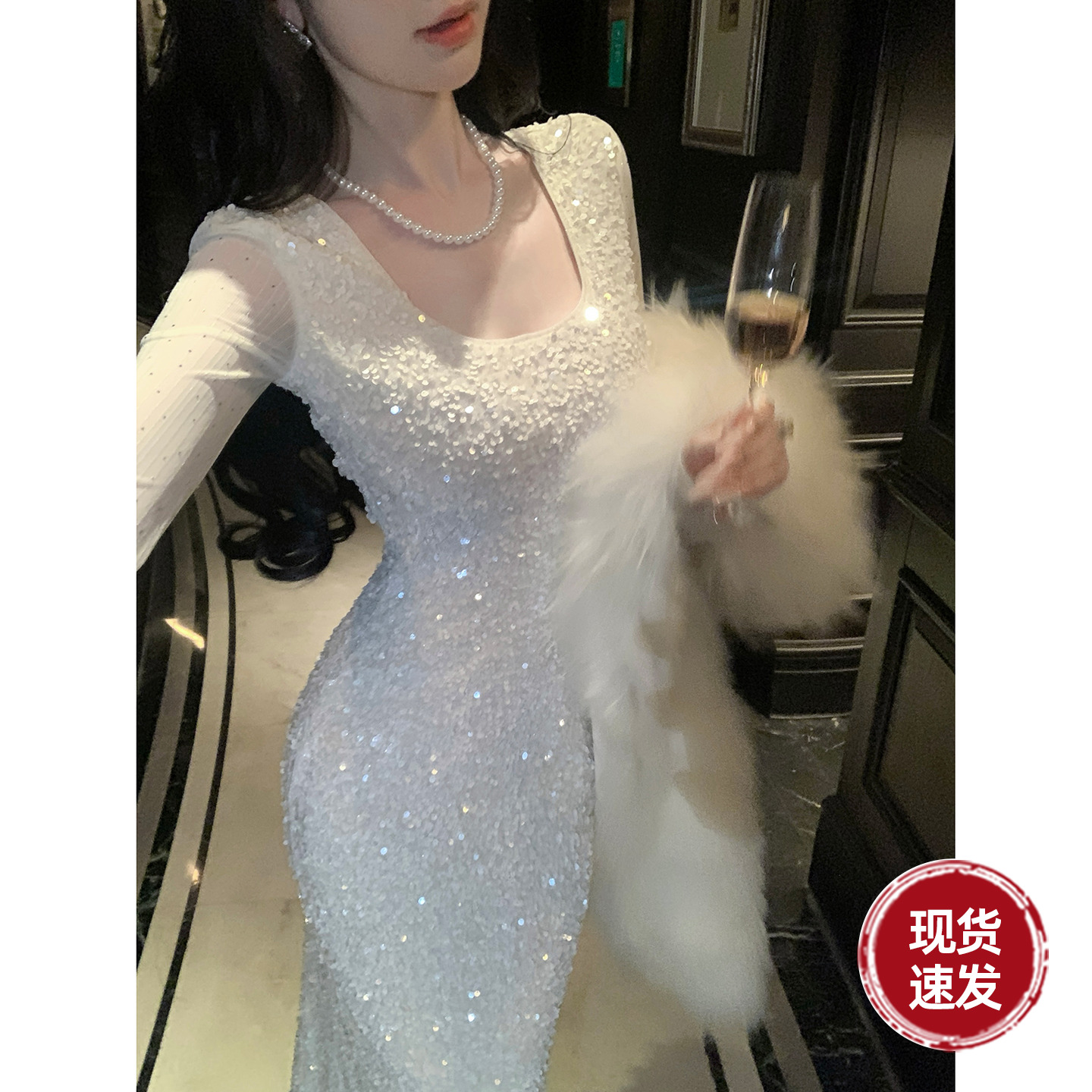 雅乔【人群焦点】秋冬重工宴会礼服亮片烫钻修身包臀长袖连衣裙