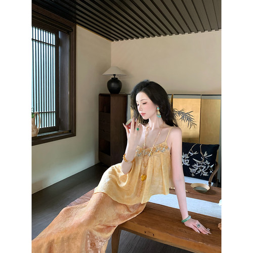 Sun雅乔【潇湘曲】夏季老钱国风高级感撞色假两件吊带连衣裙