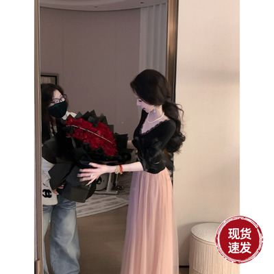 Sun雅乔【顾盼生辉】秋冬新款长裙针织网纱拼接撞色长袖连衣裙子